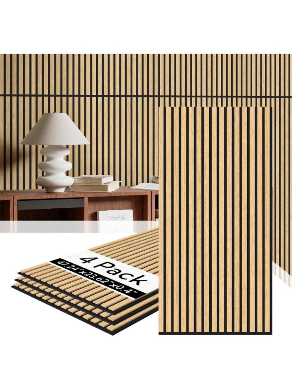 4 Pack Acoustic Wood Slat Wall Panels - 3D Interior Decor, Warm Oak Finish